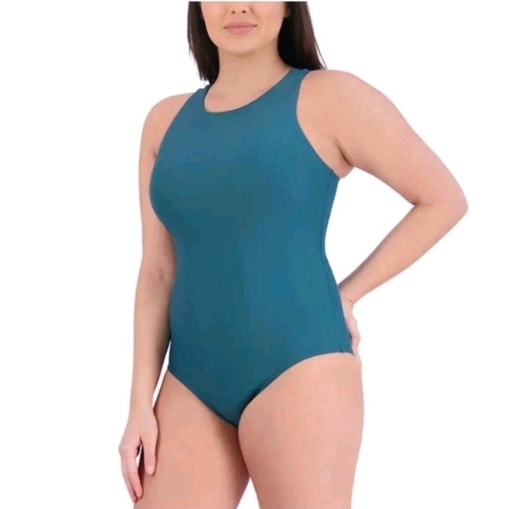 Eddie Bauer Swim High Neck One Piece Swimsuit Womens M Teal Green Ladder Back